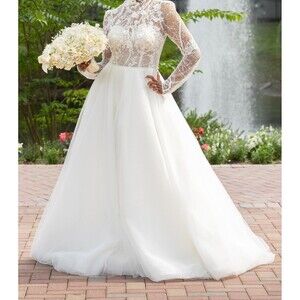 A line, high neck, flared ball gown wedding dress. Size 12